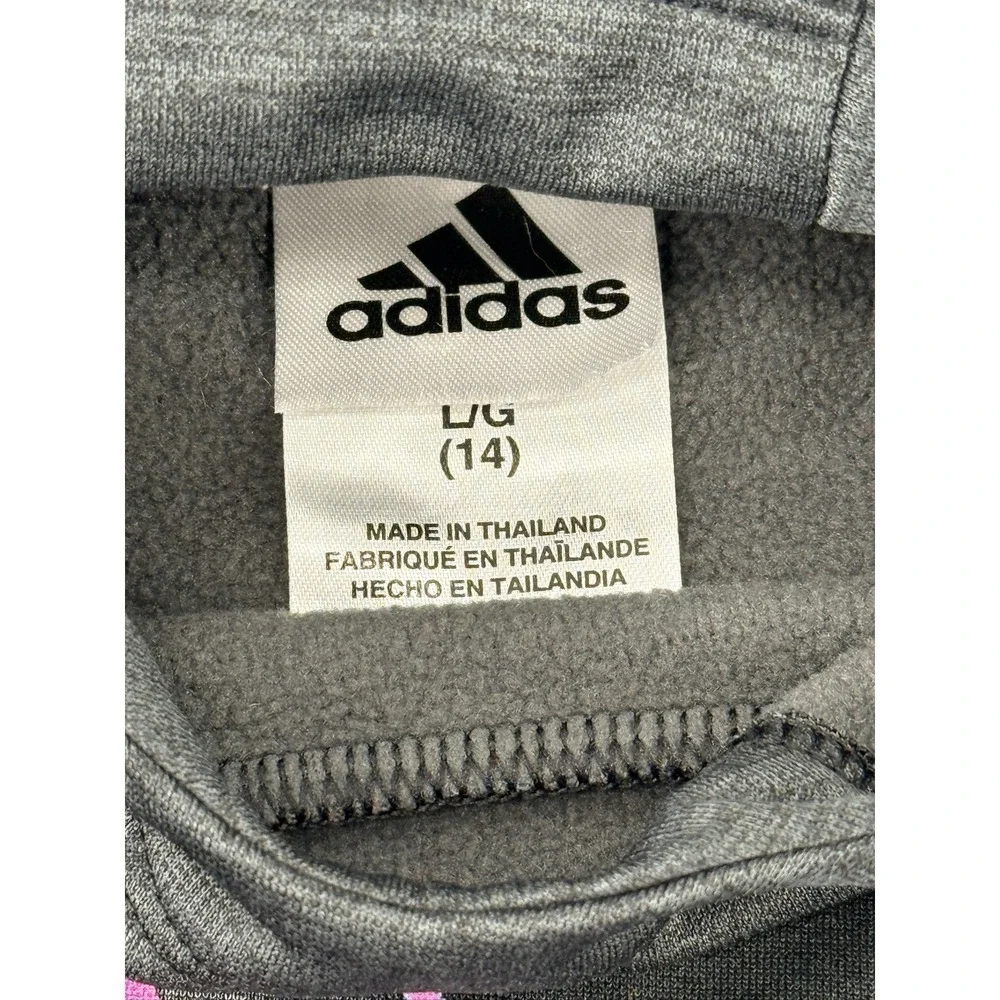 Adidas Youth Unisex Hoodie Size Large Gray Pink‎ Blue Logo Pullover Pockets
